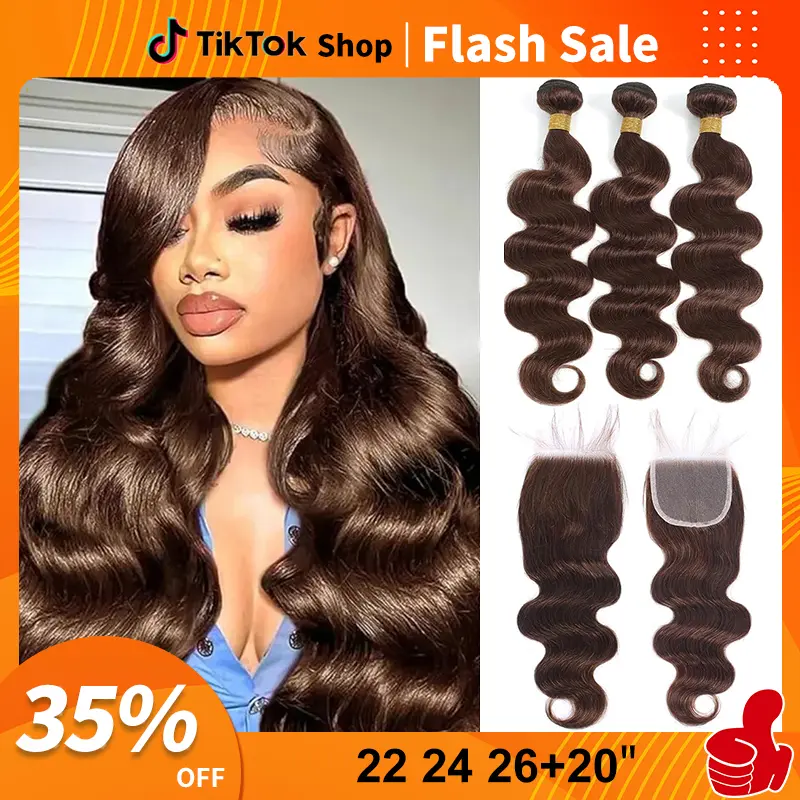 summervibes 10A Light Brown Body Wave Human Hair Bundles with Lace Closure  grossy hair bundles with closure Raw human hair bundles with Frontal Brazilian Virgin Hair 3 Bundles with Lace frontal with Baby Hair