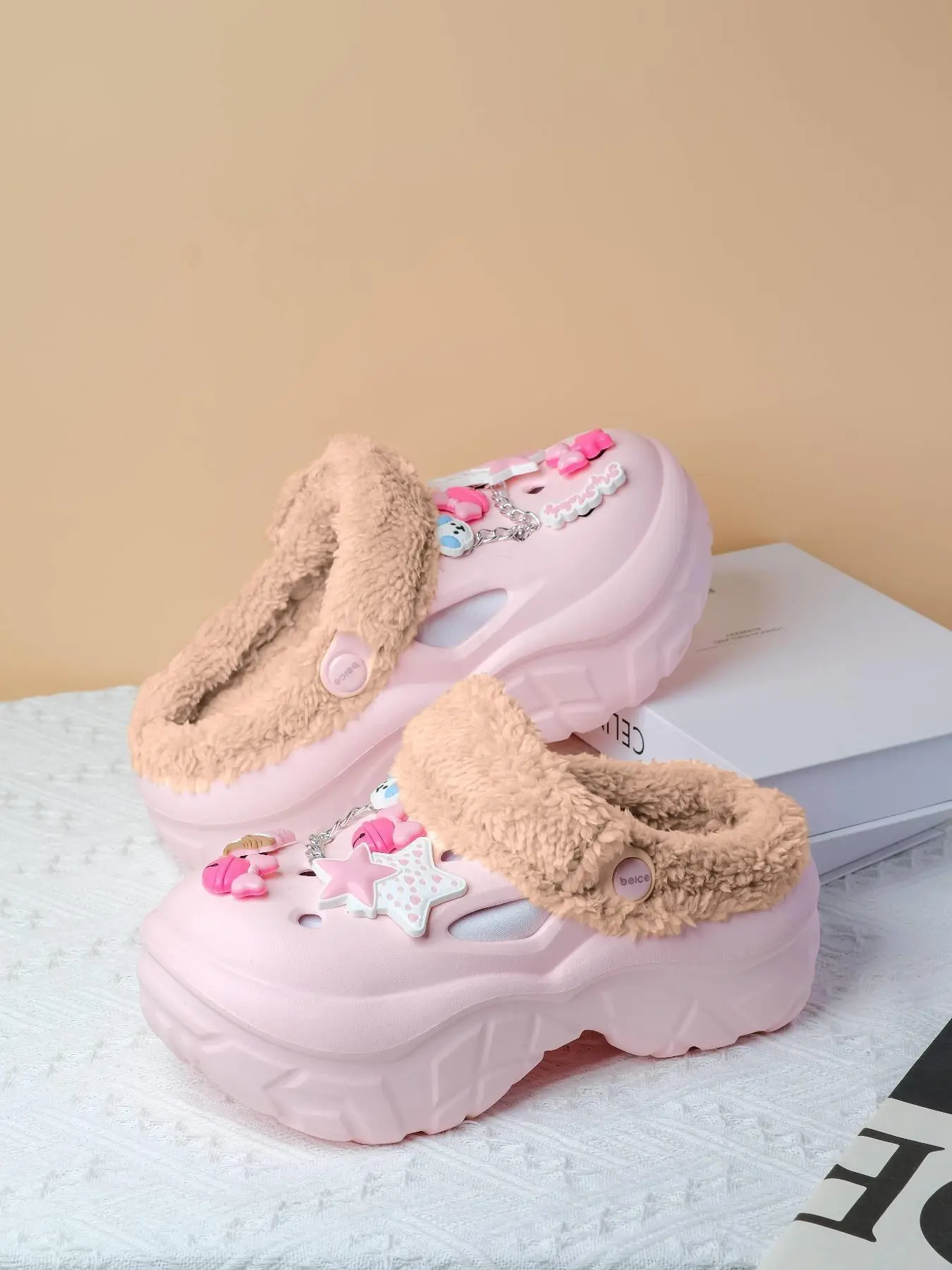 Women's Cute Cartoon Star & Bow Decor Plush Clogs, Casual Comfortable, Home Slippers, House Slipper, Warm Lined Slippers for Indoor & Outdoor Use for Fall & Winter, Slippers Shoe, Casual Slipper Shoes, Cute Soft Slippers