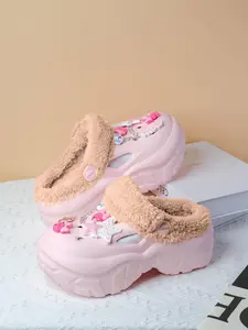 Women's Cute Cartoon Star & Bow Decor Plush Clogs, Casual Comfortable, Home Slippers, Warm Lined Slippers for Indoor & Outdoor Use for Fall & Winter, Slippers Shoe, Casual Slipper Shoes