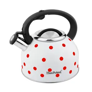 H Haus Roland Stainless Steel Stovetop Teapot with Loud Whistling Alarm & Cool-Touch Ergonomic Handle 2.6 Quart Large Capacity Induction Compatible Kettle Red & Black Polka Design for Gas Electric Stoves