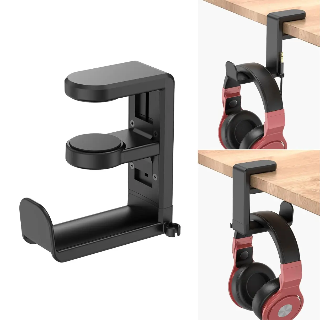Rotating Headphone Stand - PC Gaming Headset Holder, Adjustable Clamp-on Under Desk Hanger With 360 Degree Swivel & Cable Clip Organizer - Black
