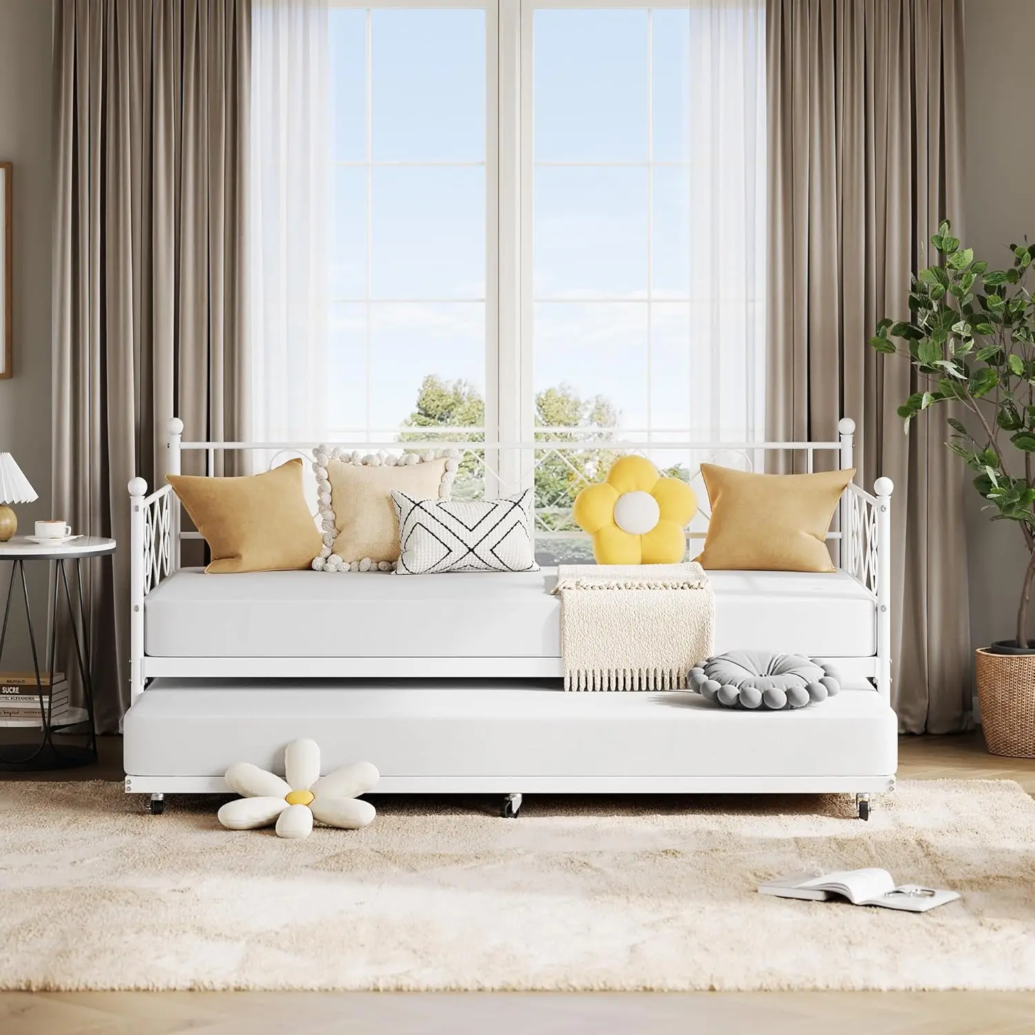 White Twin Metal Daybed with Trundle - Heart-Shaped Bedroom Furniture Headboard, Steel Slat Support, No Box Spring Needed, Easy-Assembly Bed Frame for Bedroom, Guest Room