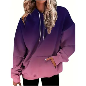 Women's Retro Gradient Color Hoodie - Casual Loose Fit, Long Sleeve with Front Pocket, Polyester Blend, Machine Washable, Black to Red Ombre Design, Casual Wear Hoodie |   Casual Fashion Top |   Polyester Hoodie