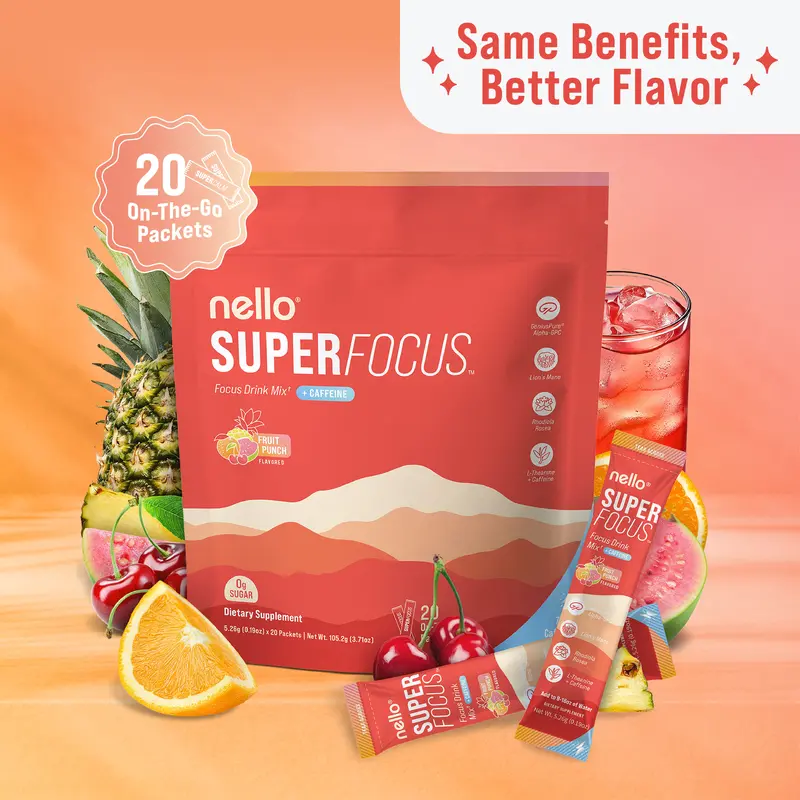 Nello Superfocus – Nootropic Drink Mix with Lion’s Mane, Rhodiola & Alpha-GPC – Supports Memory, Brain Health & Mental Stamina, Enhances Clarity & Sharpness, Helps Fight Brain Fog – Travel Packets (20 Servings) Healthcare Convenient