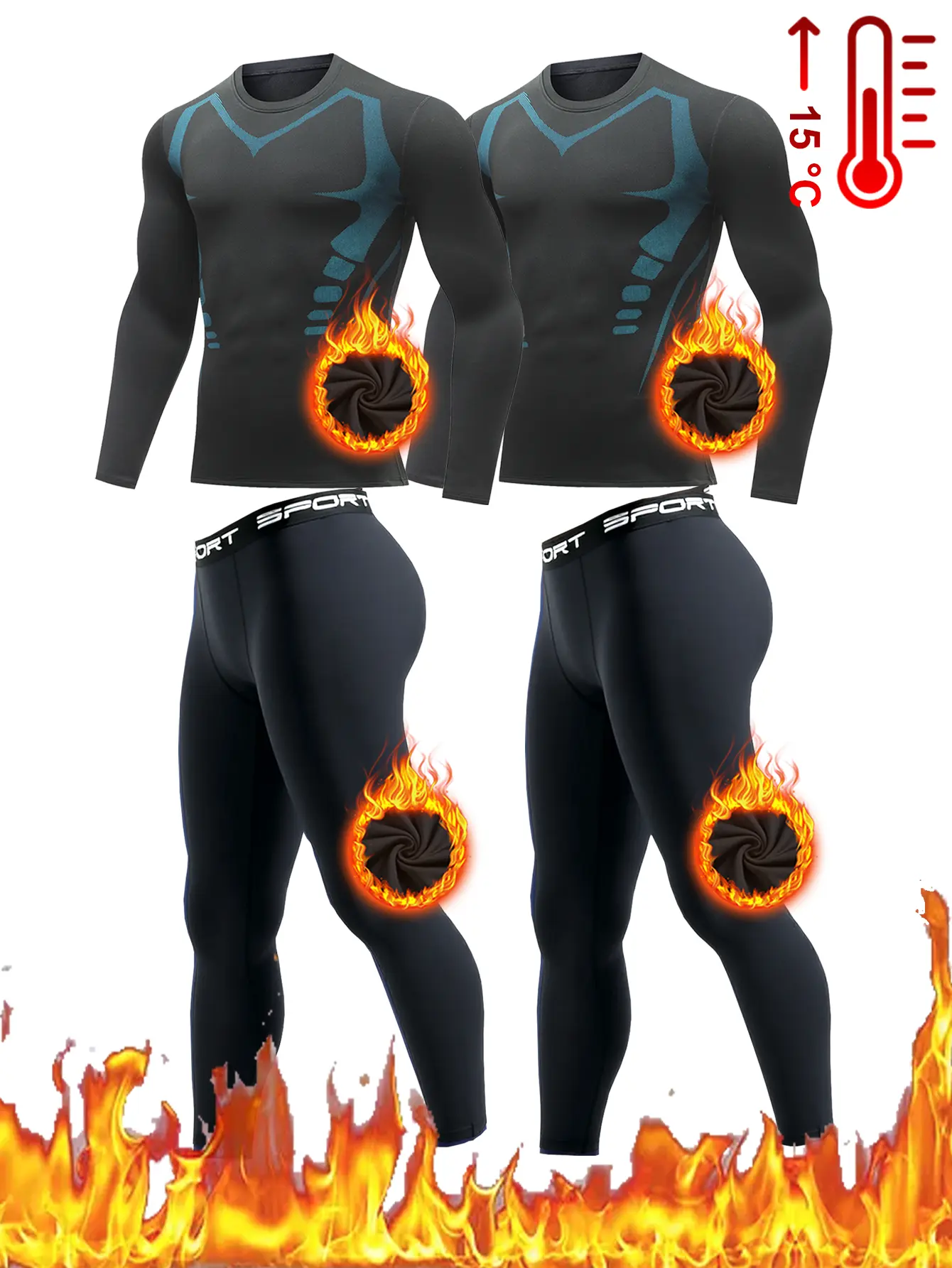Men's 4pcs Polyester Thermal Sets, Sport Activewear Base Layer with Top and Pants for Cold Weather Sports Training, Crew Neck, Hunting, 4Pcs Set, Outdoor Activities, Multi-Size, Full-Length Pants, 4-Pieces, Built For Skiing Days