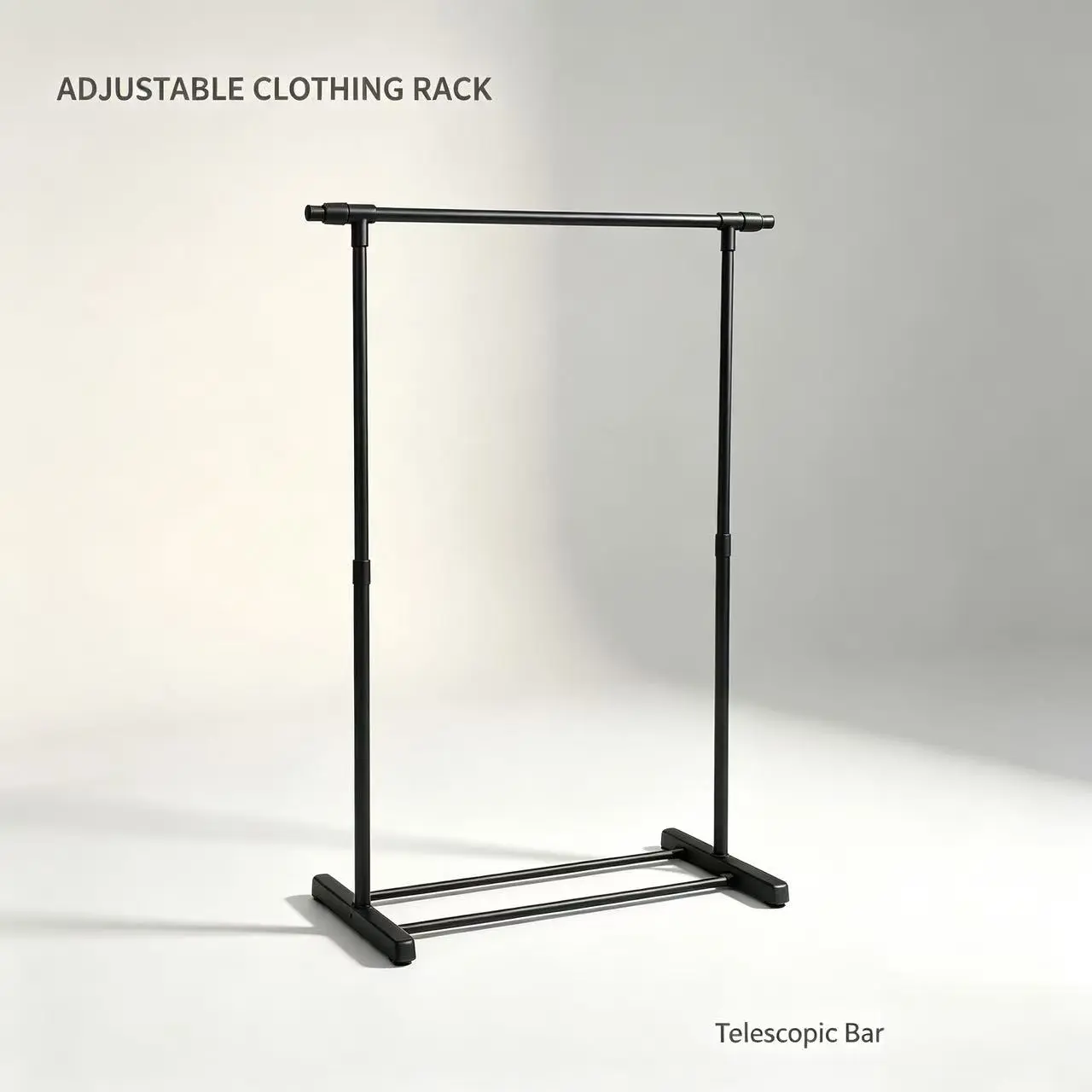 Minimalist Adjustable Freestanding Clothes Rack - Telescopic Single Bar Metal Garment Rack with Bottom Shoe Storage Shelf, Lightweight Portable Laundry Hanging Stand for Bedroom, Hotel (with Accessories)