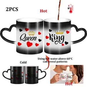 Queen King Design Thermosensitive Cup, Magic Color-Changing Heart-Handle, 11 Oz/330 Ml, Coffee Lover Gifts, Valentine's Day, Wedding Presents Mug, Funny Gift Mug