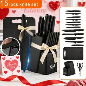 【TikTokShopHolidayHaul】15-Pcs German-Style Stainless Steel Knife Set Built-in Sharpener, Plastic Storage Block & Handles | Washable Kitchen Knives Kit | Ideal Gift