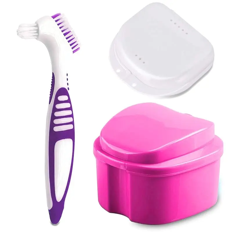 Transparent Denture Bath Case - Portable Denture Care Tool with Cleaning Brush, Retainer Holder Box for Travel, Oral Health & Smile Care for Mouth Guards, Night Guards, Cleansing, Compact, Denture Baths Clear