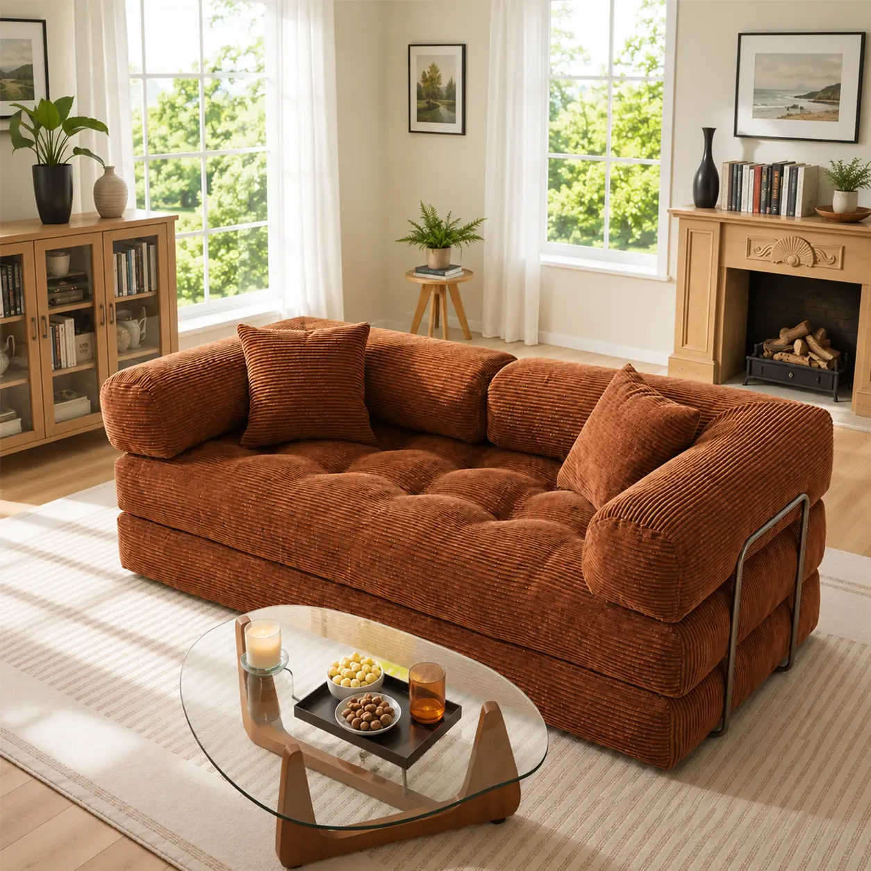 80.7" 5-in-1 Convertible Corduroy Sofa Bed, Foldable Floor Couch, Modular Sleeper Loveseat for Living Room/Bedroom, Cloud Comfort No Assembly, Small Space Friendly