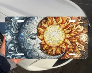 [ Trending ] Stained Glass Sun Moon Front License Plate - Celestial Aesthetic Car Tag - Mystical Boho Sun and Moon Vanity Plate - Cosmic Witchy Car Decor Gift