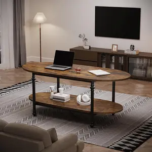 Elegant 2-Tier Oval Shape Coffee Table - 47.2 in Off-White Brown Indoor Cocktail Table with Roman Columns Metal Base Legs and Storage Drawers