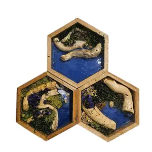 Handmade Moss & Resin Shadow Box Wall Hanging with Real Flowers and Preserved Moss Hexagonal Design Natural Decor
