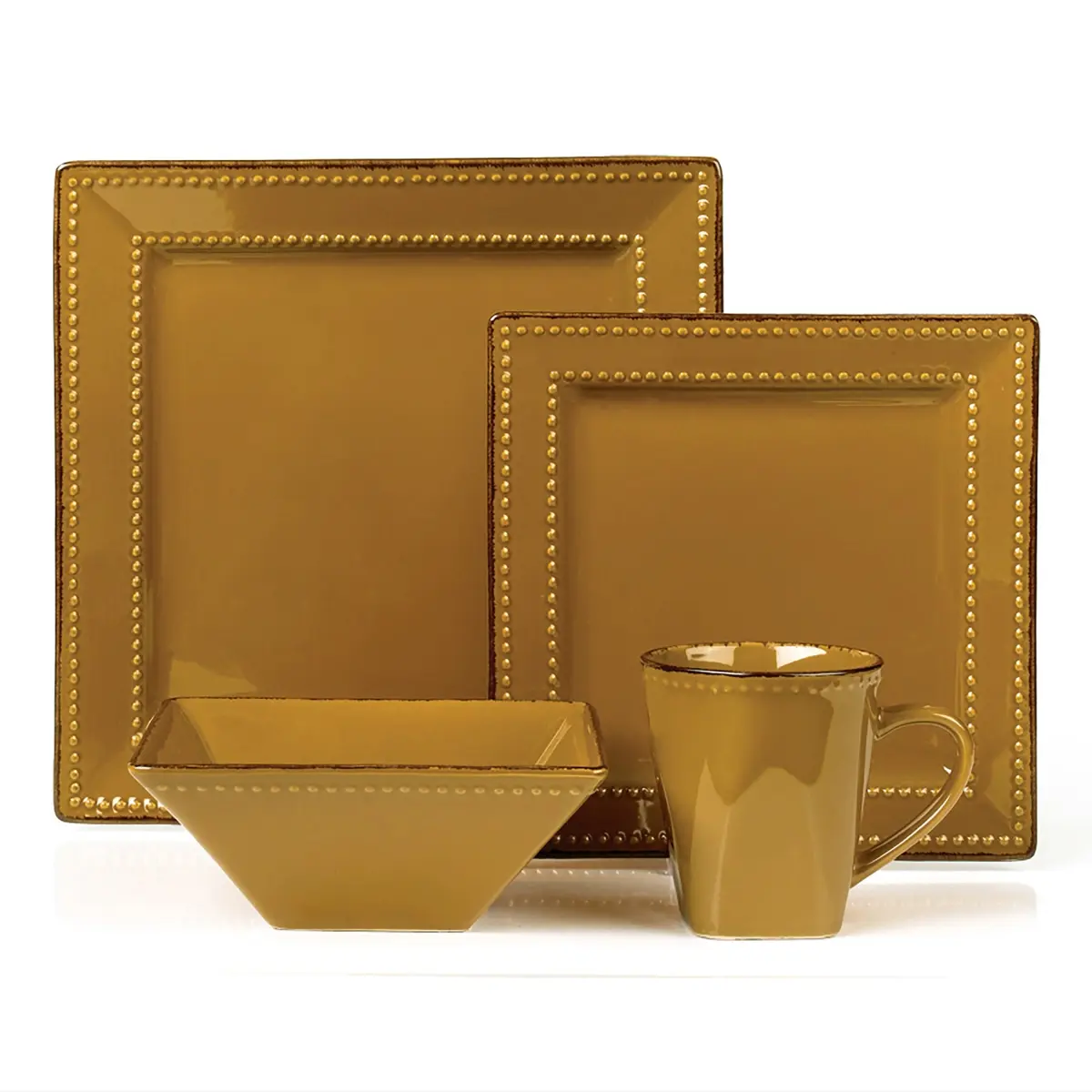 212 MAIN Lorenzo Import LH503 Sturdy 16-Piece Square Beaded Stoneware Dinnerware Set, Mocca - Includes Plates, Bowls, Mugs