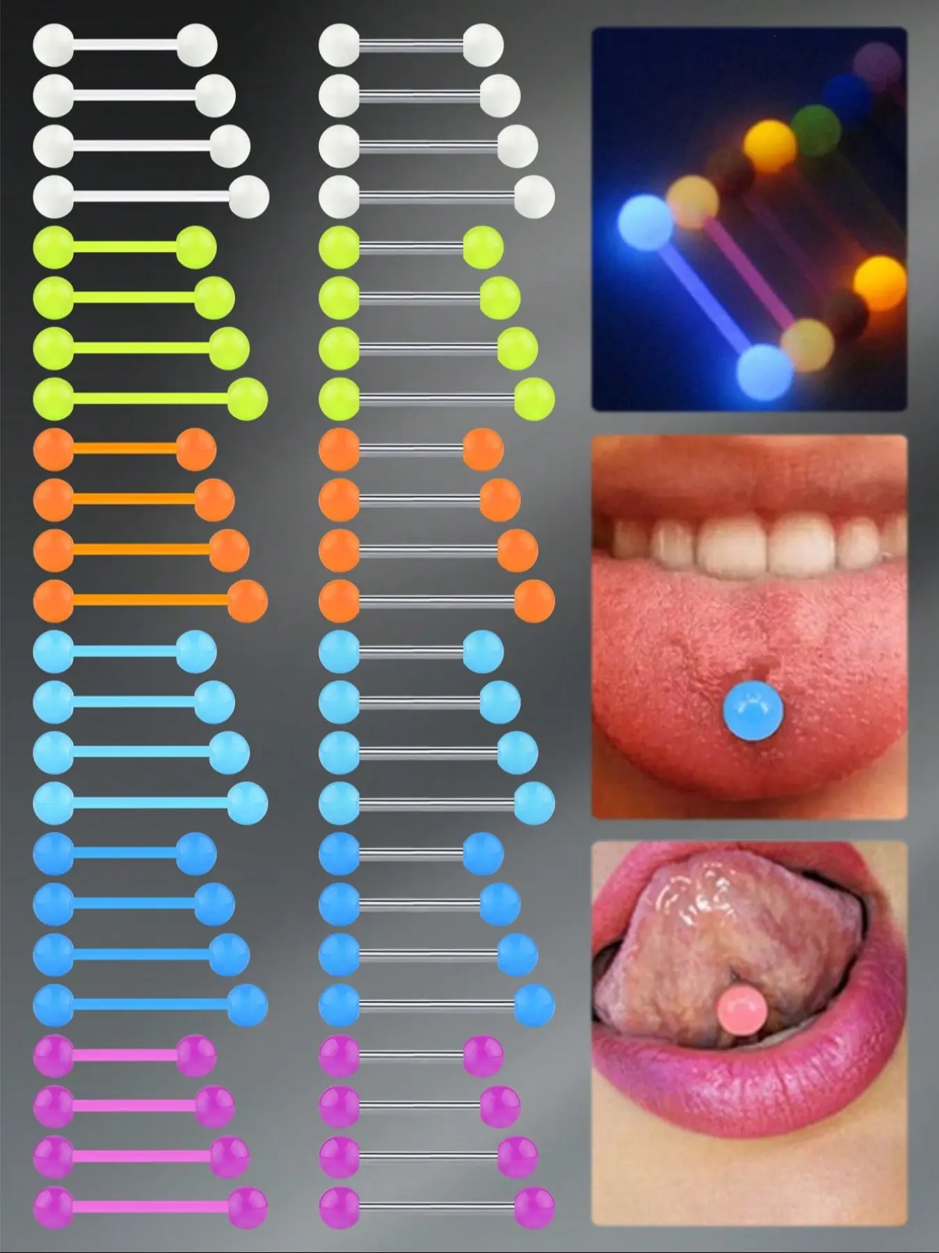 48Pcs  Glow in the Dark Tongue Rings for Women & Men, 14 Gauge Stainless Steel & Plastic Barbell, 12-18mm Colorful Tongue Piercing Jewelry Body Piercing Accessories Body Piercings Set
