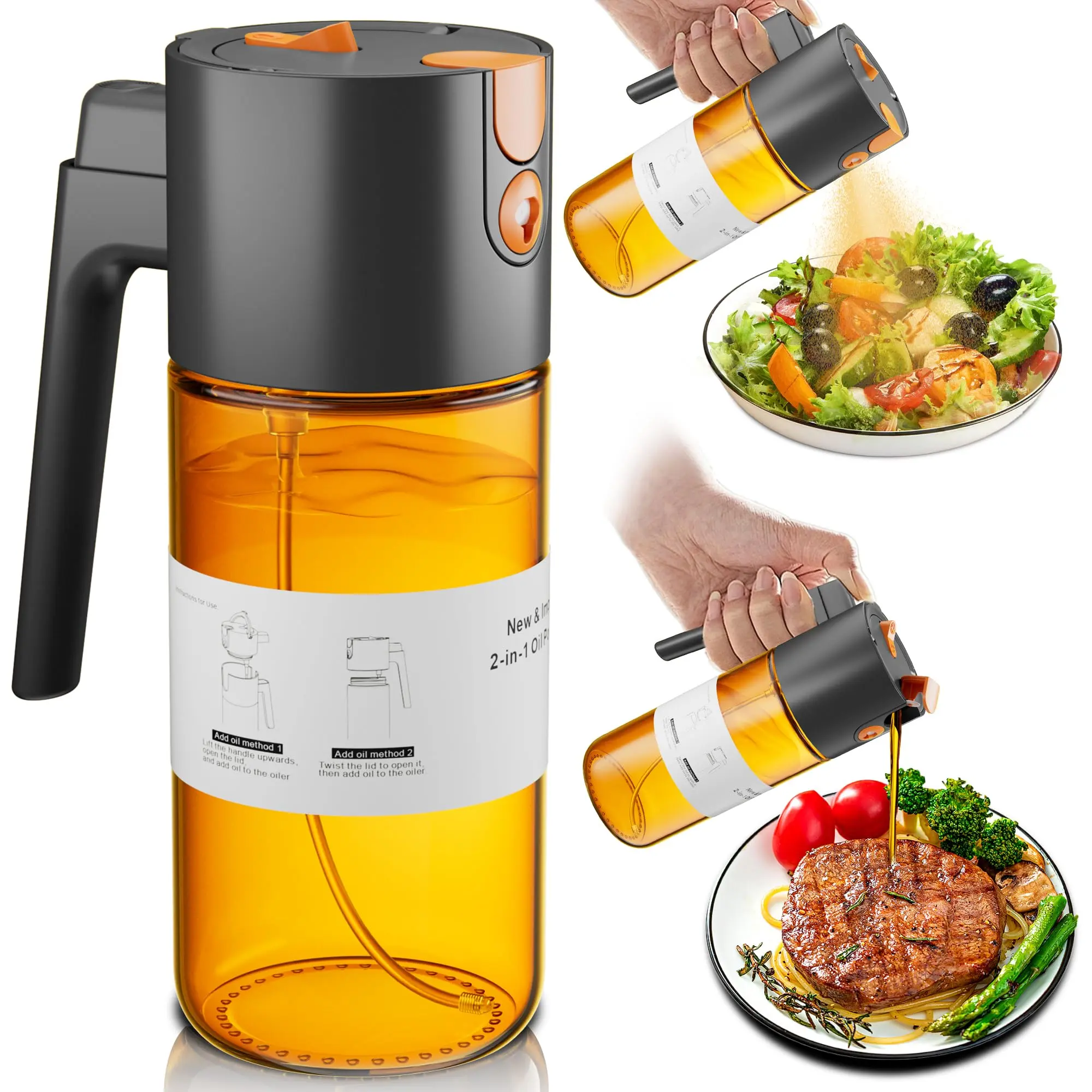 Oil Sprayer Bottle!  2-in-1 Glass Olive Oil Sprayer & Dispenser, 500ml Leak Proof.  Must Have for Air Fryer Recipes & Healthy Lifestyle!  Low Oil Diet, Kitchen Gadget Gift for Thanksgiving & Halloween! dispensador de aceite