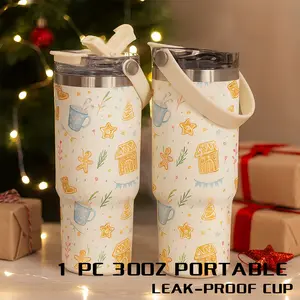 1 Pc 30 oz Stainless Steel Vacuum Tumbler with Handle, Gingerbread House and Hot Cocoa Pattern, 2-in-1 Lid, Leak-Proof Fun Insulated Mug, Easy to Carry, Keeps Hot 12H/Cold 24H, Great for Home, Office, Car, Holiday Gift for Mom, Friend, Teacher.