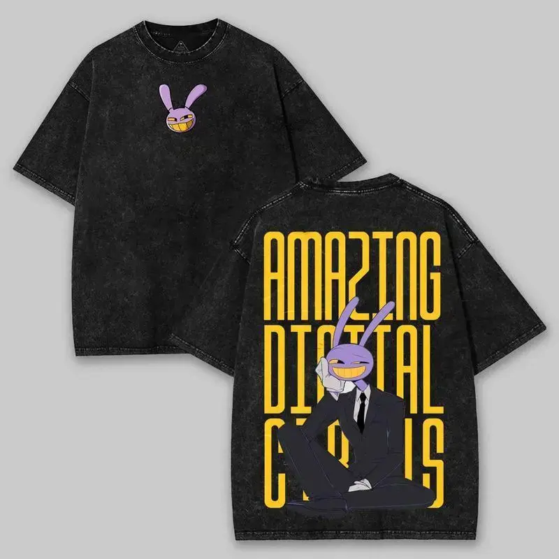 The Amazing Digital Circus Jax Graphic T Shirt Vintage Washed Heavyweight Cotton Oversized Tee Suit Purple Rabbit Indie Animation Merch Acid Wash Men Women Unisex Retro Streetwear Y2K Aesthetic Trending Summer Outfits Gifts TikTok Top Classic Soft