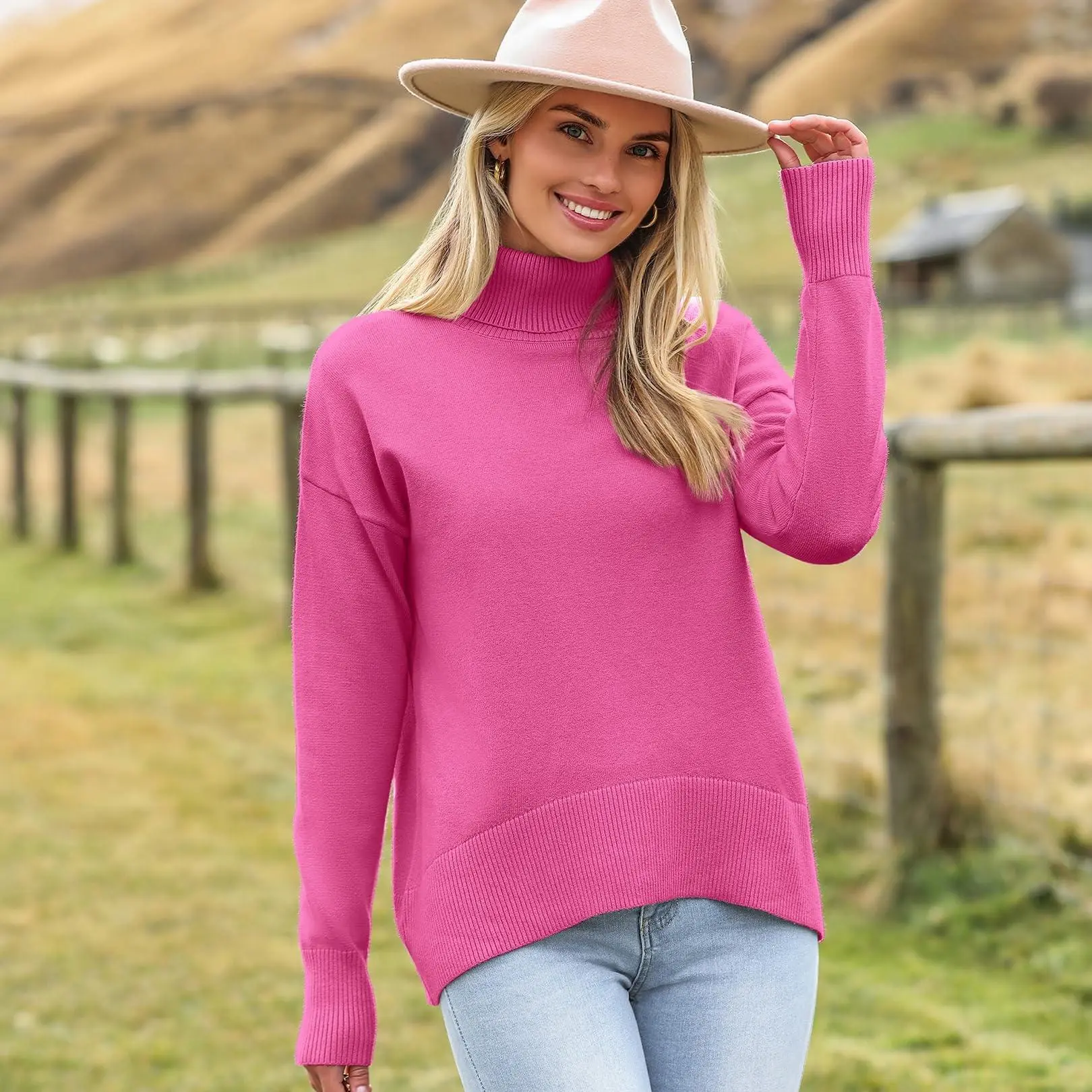 ZEAGOO Women's Cozy Chunky Knitted Fabric Turtleneck Longsleeves Pullover - 20254 Fall-Winter High-Low Hem Basic Clothes, Work & Outdoors Ready, XL Size, Line Dry Compatible, Drop Shoulder