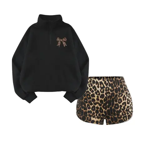 Autumn Winter New Fleece Lined Knit Long Sleeve High Neck Casual Loose Leopard Print Top, Bow Design, Comfortable Fabric, Yoga Shorts Included, Short Sets