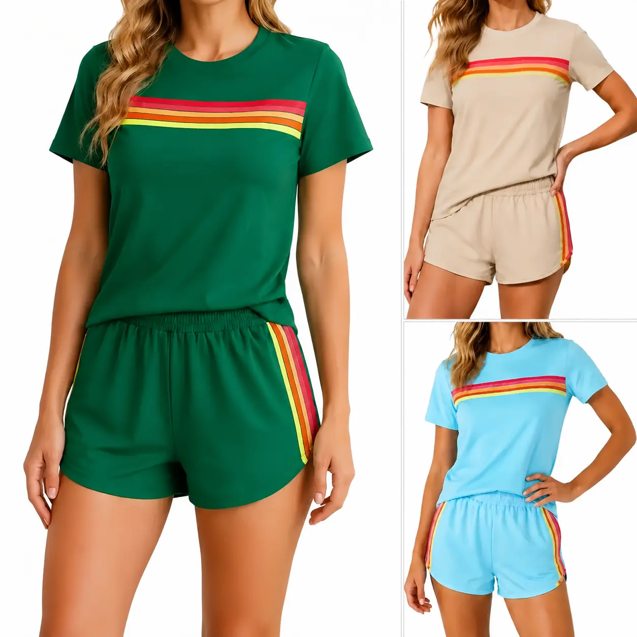 Women's 2-Piece Rainbow Striped Lounge Set - Shortleeve Casual Tee & Athletic Shorts Matching Outfit for Women's Clothes, Shortsleeve, Cotton Blend, Machine Wash, Vibrant Stripes, Women's 2 Piece Set