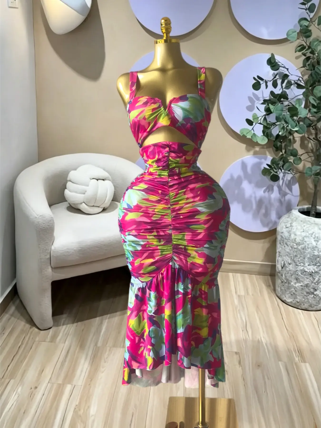 PULKRITU Elegant Women's Tropical Floral Print Cutout Ruched Midi Formal Prom Sleeveless Dress for Birthday Party, Summer Club Cocktail Gown, Female Brunch Dresses, Graduation Dresses