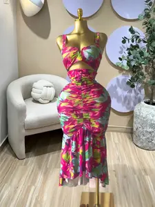 PULKRITU Elegant Women's Tropical Floral Print Cut Out Ruched MIdi Prom Sleeveless Dress, Summer Birthday Party Outfit Club Cocktail Gown, Lady Casual Skirt,Female Brunch Dresses,Graduation Dresses, Formal Sleeveless Dress