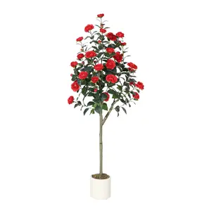 Artificial Camellia Tree for Home Decor – 3/4/5FT Realistic Faux Plant with Red Silk Flowers – Lifelike Indoor & Outdoor Decoration – Low Maintenance Decorative Tree