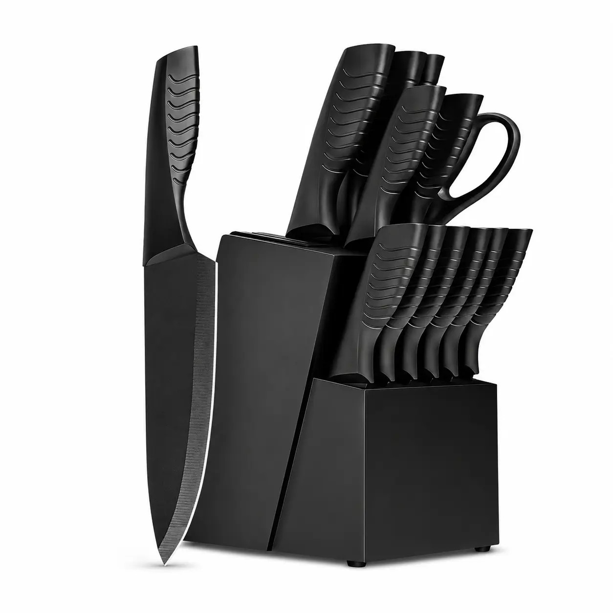 14-Piece Kitchen Cutlery Set with Self-Sharpening Storage Block, Stainless Steel Black Slicing and Cutting Knives, Built-In Sharpener, Dishwasher Safe, ABS Anti-Slip Ergonomic Handles