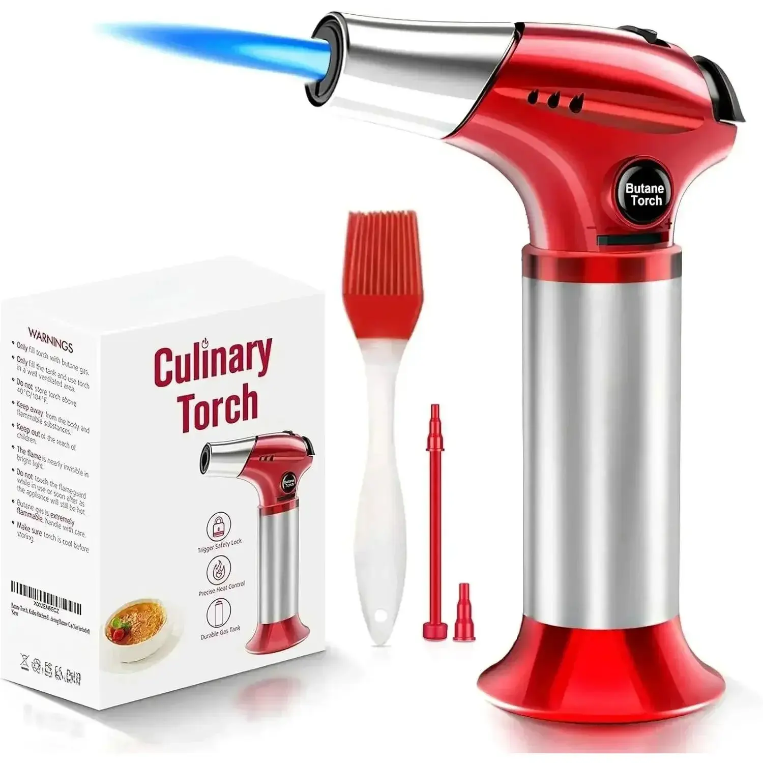 Creme Brulee Torch, Refillable Butane Torch Lighter, Kitchen Torch Food Torch with Safety Lock & Adjustable Flame for Baking, Crafts, BBQ (Gas Not Included) Bakeware Red