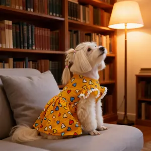 All-Season Heart Print Yellow Sleeve Pet Dress & Stripe Halter Princess Tutu Flower Girl Set - for Small Medium Cats and Dogs