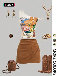 2-Piece Asymmetrical Floral Print Fitted Crop Top & Faux Suede Mini Skirt Set - Trendy Y2K Outfit for Music Festivals & Date Nights | Viral TikTok Set, Baddie Aesthetic