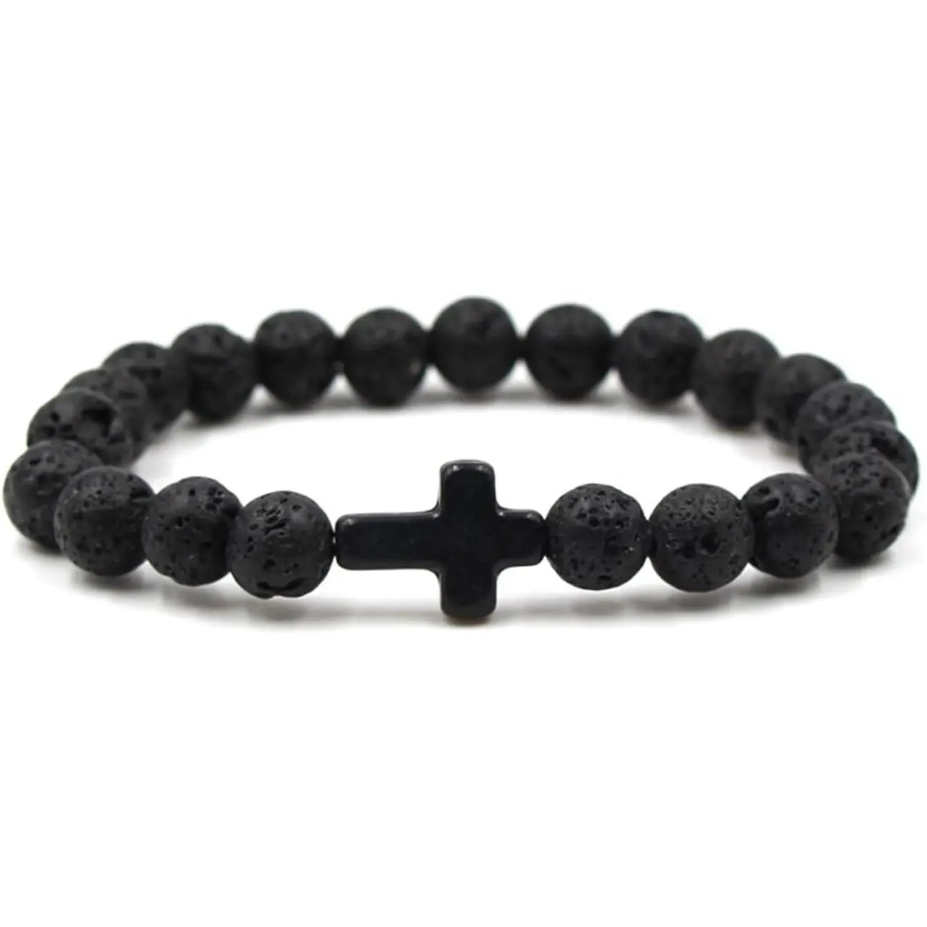 Lava Rock Stone Beaded Bracelet, Cross Charm  Volcanic Stone beads Turquoise Stretch Bracelet for Women Men Religion  Pray Baptism