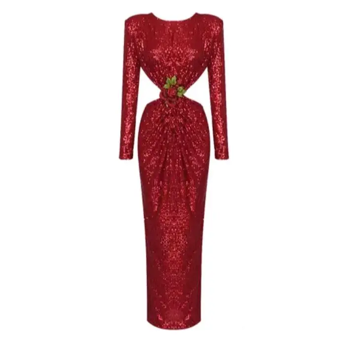 "Sparkly Spring" Long Sleeve Fitted High Waist Maci Dress in Red Sequined Fabric with Crew Neckline