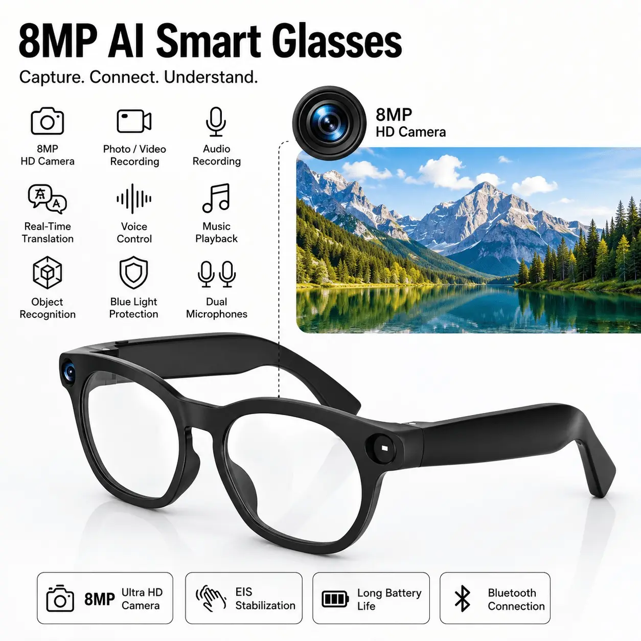 Brand New 8MP High-Definition AI Smart Glasses - Photo/Video/Audio Translation, Voice Control, Music Playback, Object Recognition, Blue Light Protection, Dual Microphones. Suitable for Travel, Meetings, Office, Leisure, And Tourism. Unisex