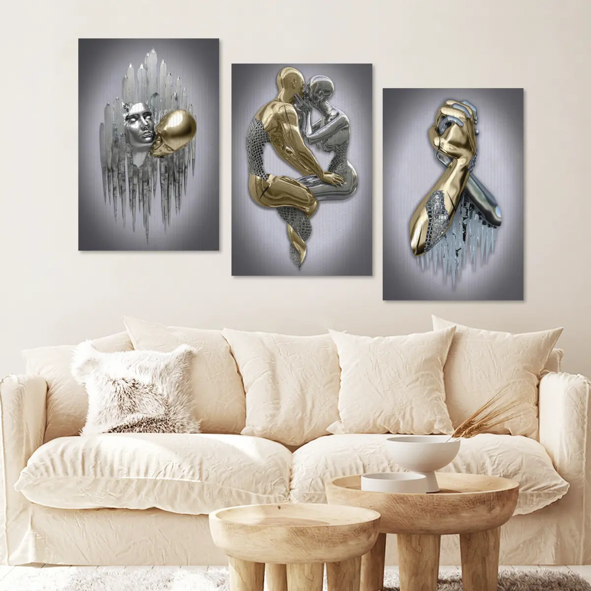 3D Abstract Canvas Wall Art Set - Artistic, Elegant Silver, Gold, Gray Rectangular Print Panels, High-Resolution Modern Minimalist Decoration for Living Room, Bedroom, Office Gift Room Art
