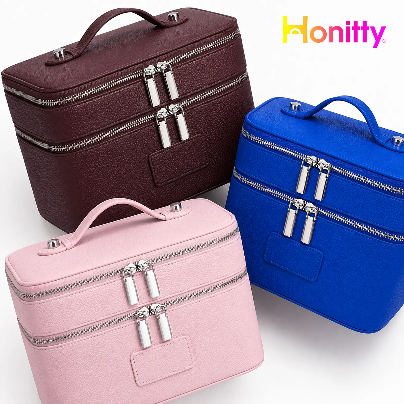 HONITTY Duo PU Leather Vanity Case for Women, Large Makeup Organizer with Removable Divider - Chic Plain Travel Bags for Holiday Essentials, Makeup Organizer Pouches, Wedding, Party, Beauty Products, Zipper, Portable Vanity, Leakproof, Travelers, Travel M