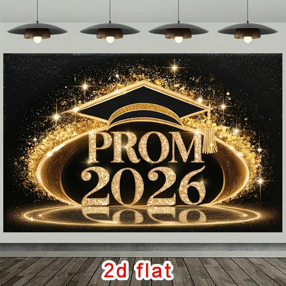 2026 2D Flat Banner - 1-Piece Prom Party Photo Backdrop, Shimmering Golden Lettering, Graduation Cap, Twinkling Stars, Sophisticated Black Polyester Material, Ideal for Prom, Birthday Decorations