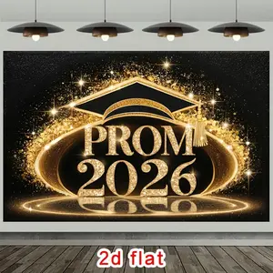 Summervibes 2D Flat Prom 2026 Banner, Festive Backdrop with Shimmering Golden Lettering, Graduation Cap, Twinkling Stars & Sophisticated Black Polyester Material, Ideal for Decoration, Birthday & Prom Events,summervibes