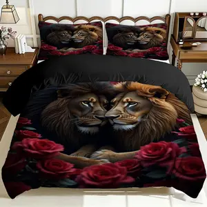 2/3 Pcs Comfortable Lion And Rose Duvet Cover Set, Soft And Breathable, 100% Polyester Fiber High-Definition Digital Printing Design, All-Season Home Gift, Machine Washable (1 Duvet Cover +1/2 Pillowcase, No Filling)