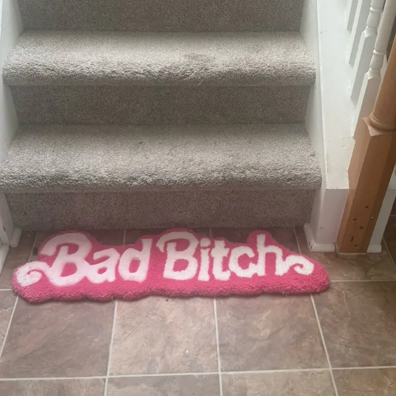 Hand Tufted Baddie Rug - Pink and White Text Design Hand Tufted Baddie Rug - Pink and White Text Design