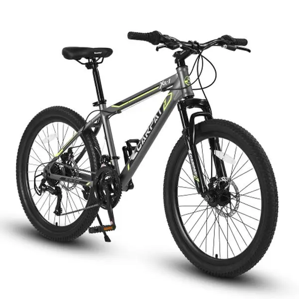 [Bellemave] 24 Inch Mountain Bike Boys Girls, Steel Frame, Shimano 21 Speed Mountain Bicycle with Daul Disc Brakes and Front Suspension MTB