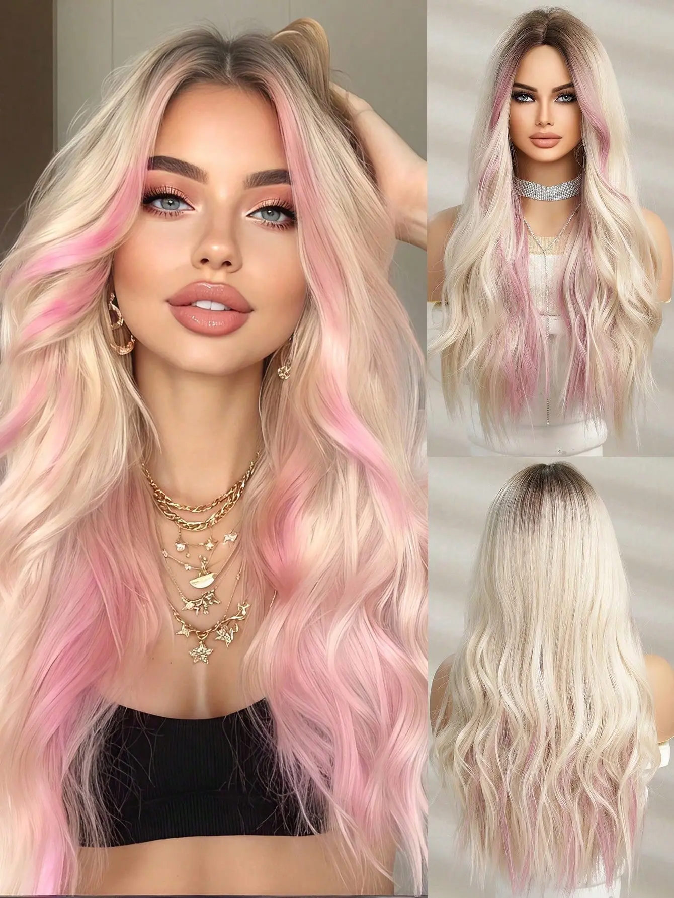Women's 26-Inch Loose Wavy Synthetic Full Machine Wig - E-Girl Style, Pastel Blonde with Pink Peekaboo Highlights & Dark Roots, Middle Part, Ideal for Fashion & Parties, Loose Wavy Synthetic Full Machine Wigs, Pastel Blonde Dark Root Synthetic Full Machin