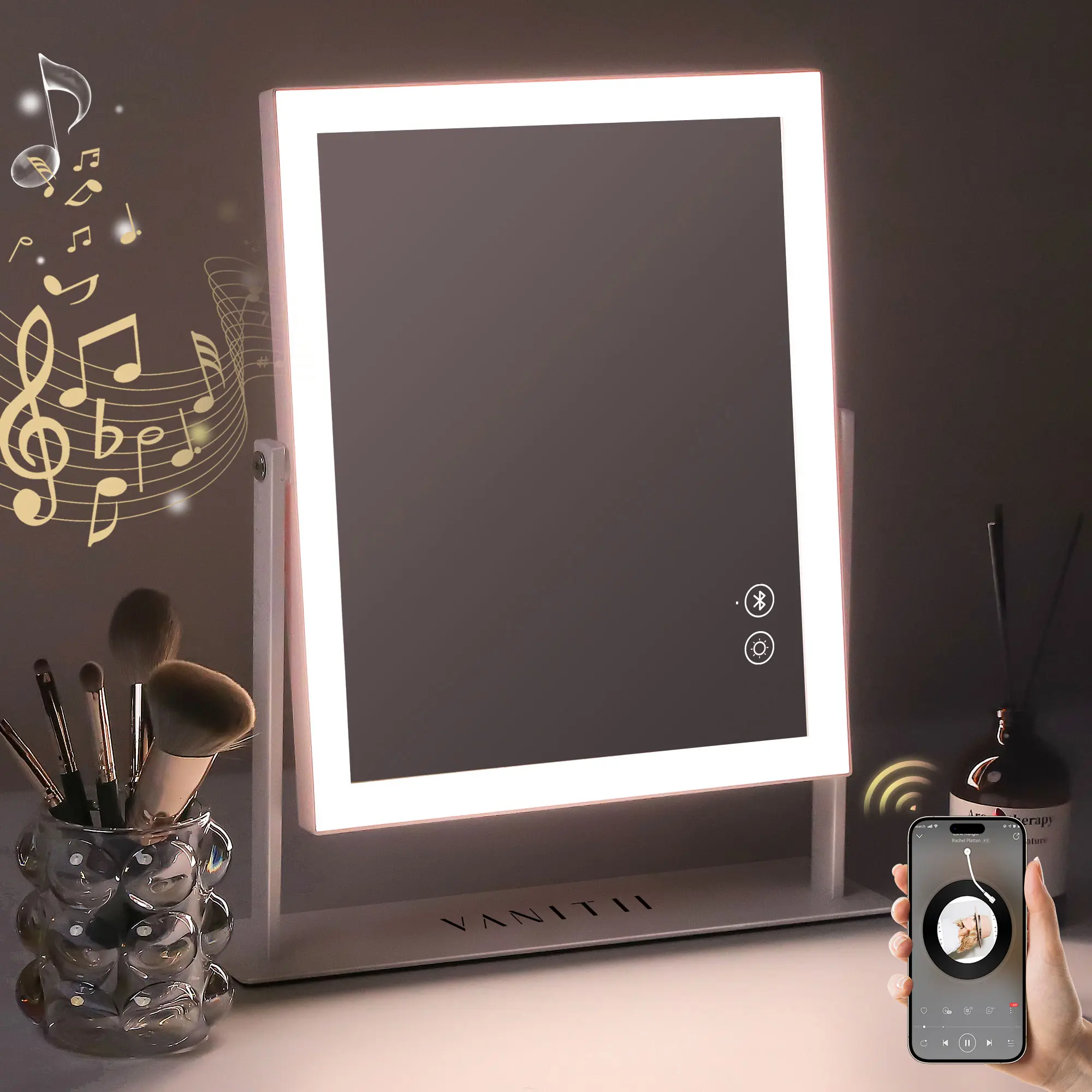 VANITII 12"x14" Backlit Vanity Mirror with Light - Bluetooth Metal Tabletop White, Easy Setup, Sharp Reflection, Ideal Gift (Summervibes)