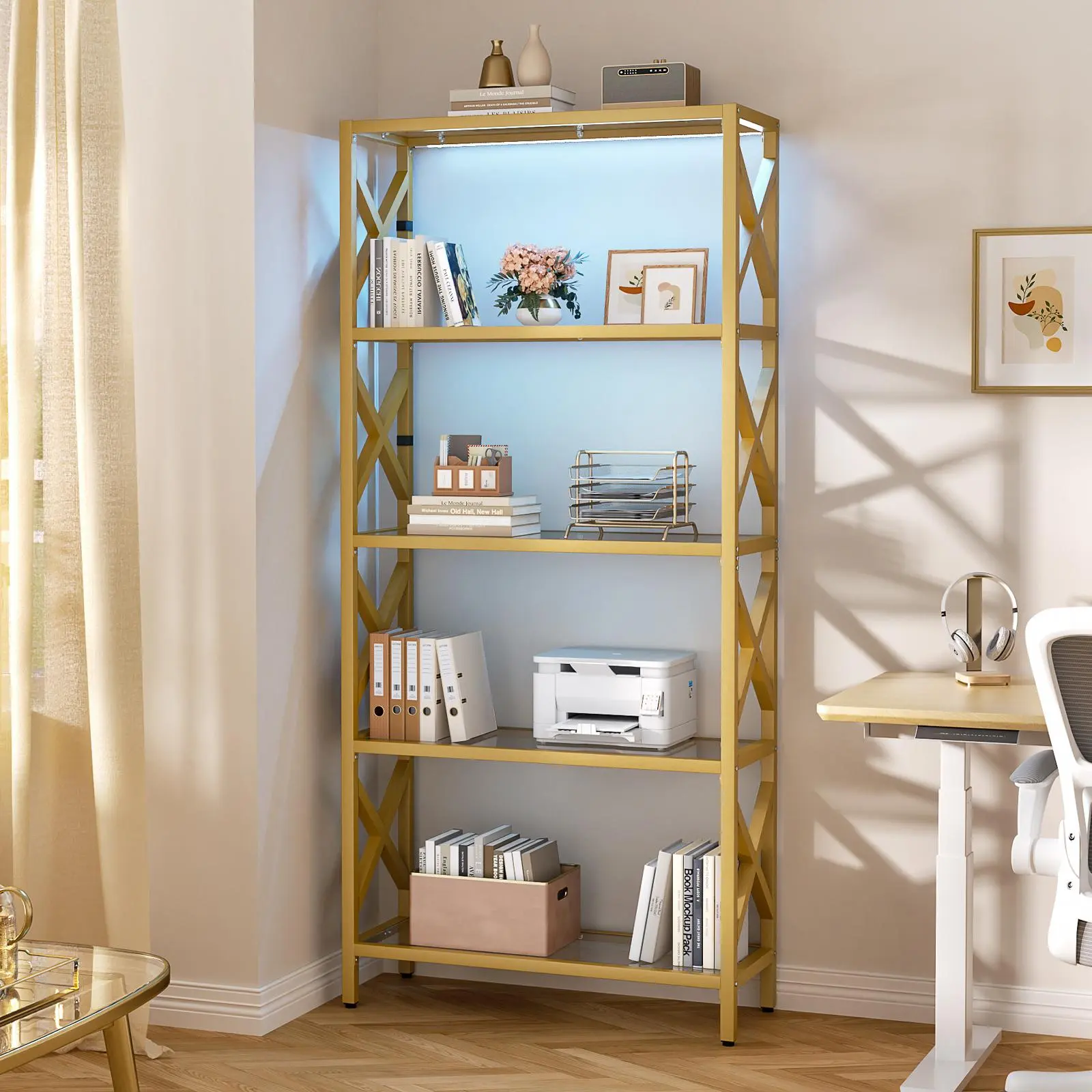 Gold Stainless Steel Bookshelf with 3-5 Tiers, Tempered Glass Shelves, Warm LED Glow, Leveling Ft, Crystal-Clear View, Indoor Display Storage Rack for Living Room, Office, Leveling Feet