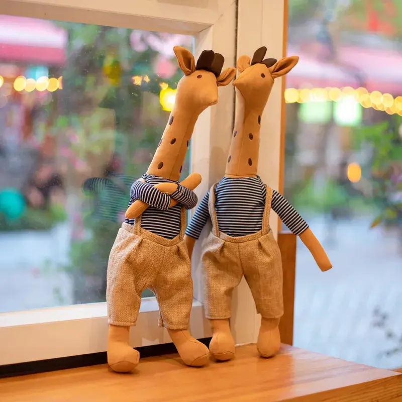Fabric Animal Plush Dolls - Cloth Deer & Giraffe Stuffed Toys with Beige Overalls, Soft Touch, Charming Whimsical Look, for Kids, Room Decor, Whimsical Home Decor Birthday Gift