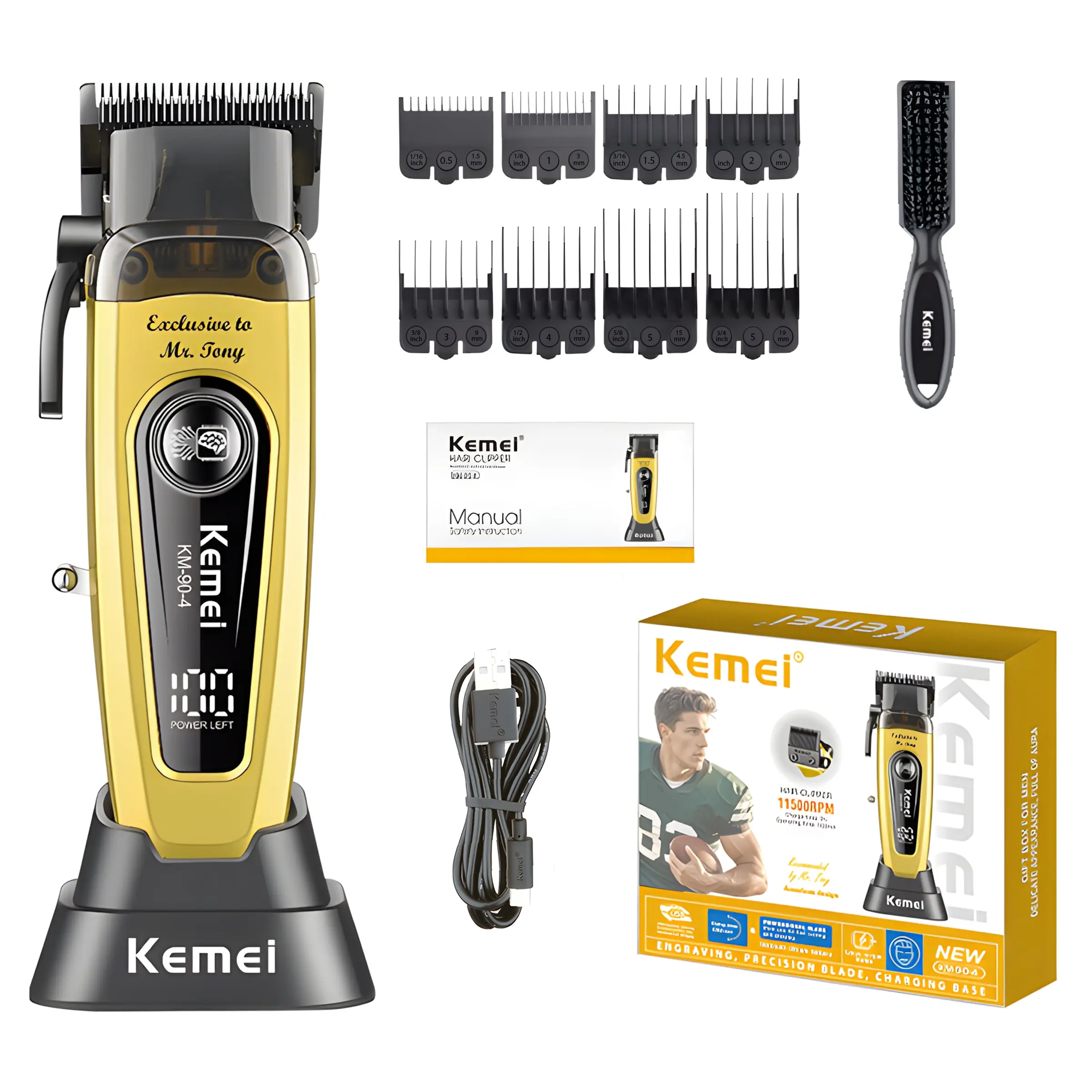 Kemei Km-90-4 Barber Push Clippers, Hair Clipper, High-Speed Motor 11500 Rpm, Strong No Tangle, USB Fast Charging, Salon Professional Recommendation