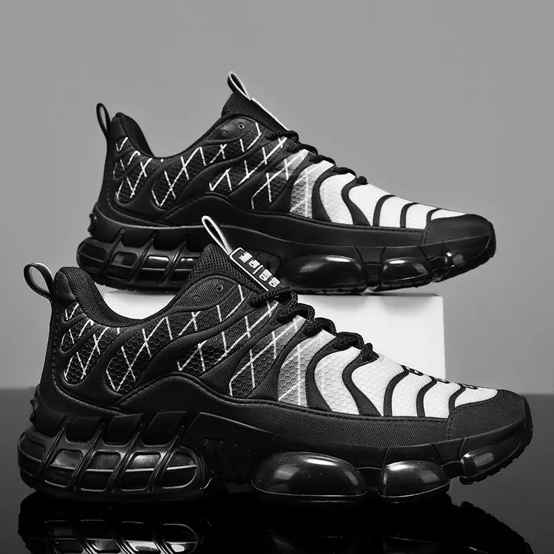 Men's Sporty Chic Running Sneakers, Black and White Colorblock Mesh Upper with Air Cushion Sole - Ultra-Light 300g for Walking/Runs, US Sizes