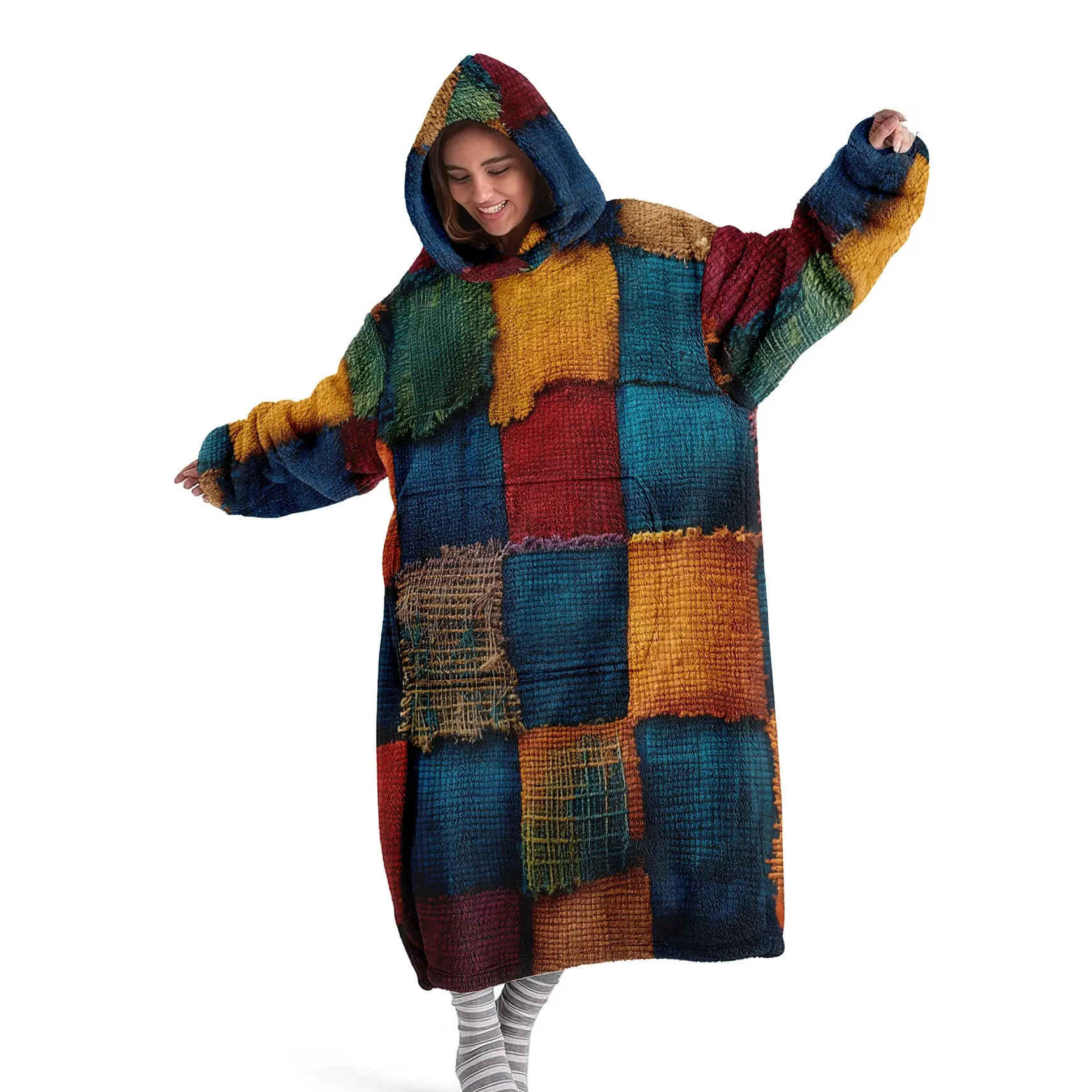 Hooded blanket, wearable blanket, Hoodie blanket, vintage patchwork plaid print, digitally printed flannel blanket, soft and warm, suitable for sofa cover, air conditioning, nap, bed cover, office, camping, travel