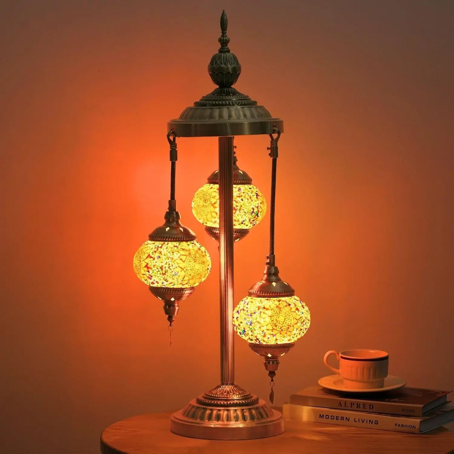 Handmade 3-Ball Mosaic Glass Table Lamp - Turkish Moroccan Bohemian Multicolor LED, Metal Base, E12 Bulb, US Plug 125V, Ambient Atmosphere Lighting, Bedroom Night Light, Decorative Lamp for Living Room, Ideal Housewarming Gift, Decorative Atmosphere Lamp